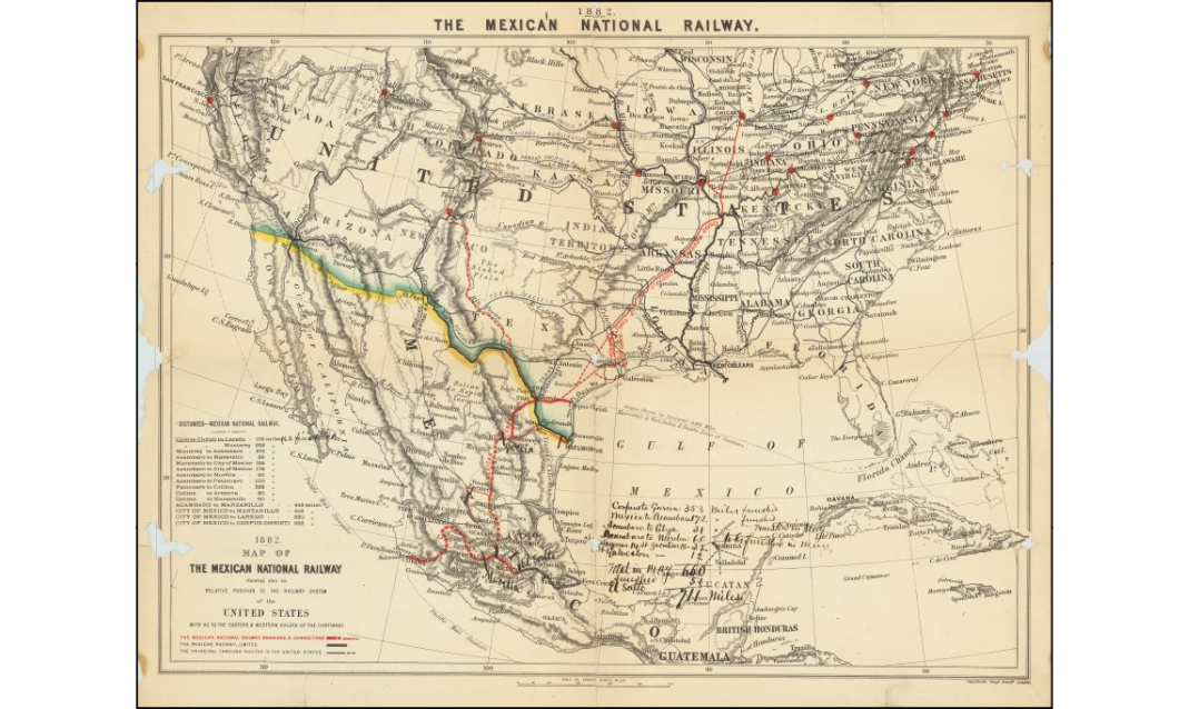 国家铁路地图，显示了它与美国铁路系统的相对位置——1882年