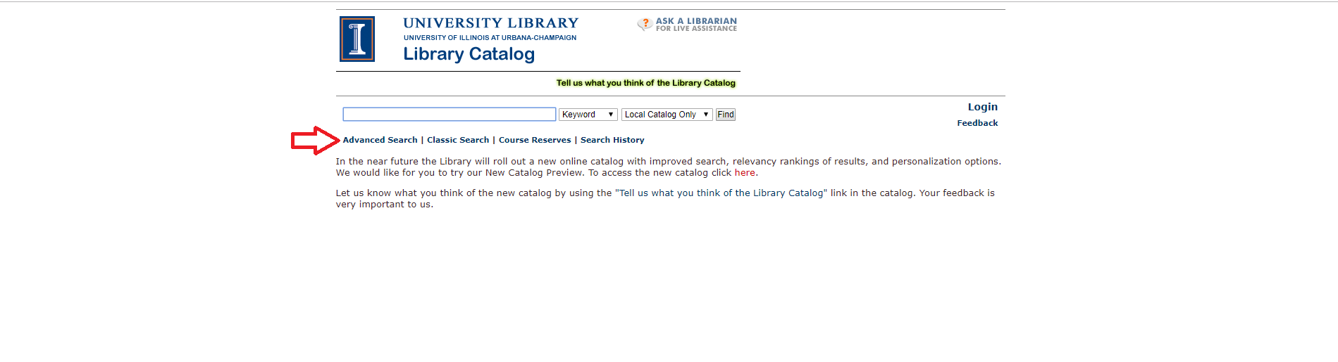 一个红色箭头指向图书馆目录主页上的高级搜索选项