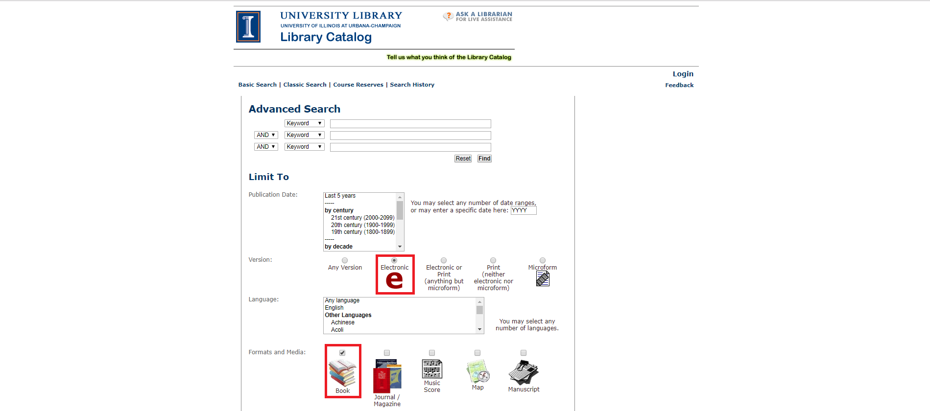 红色矩形突出显示了图书馆目录的高级搜索页上的电子和图书选项