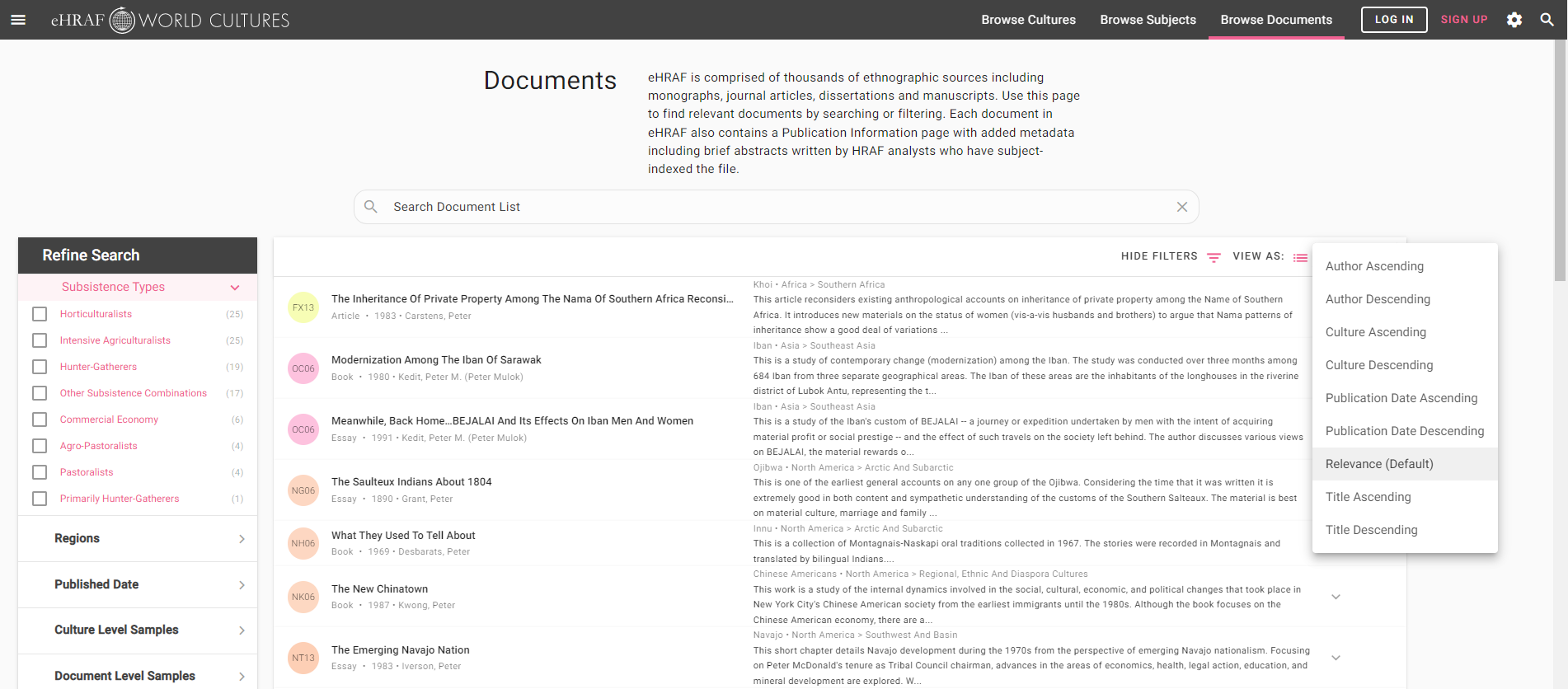 ehraf世界文化文档的列表，搜索栏在顶部，过滤器列表在一侧