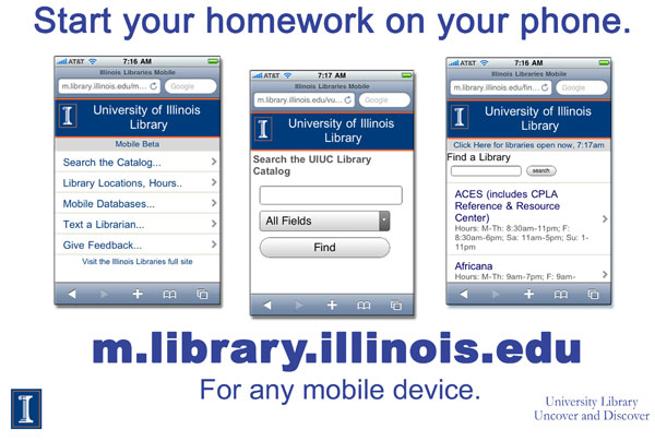 图书馆移动网站广告。手机网站的三张截图，加上手机上的“开始你的作业”文本。m.libraryy.伊利诺斯。edu从任何移动设备